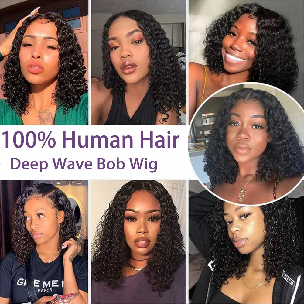 Curly Short Bob 200% 13X4 Lace Frontal Human Hair Wigs Deep Water Wave