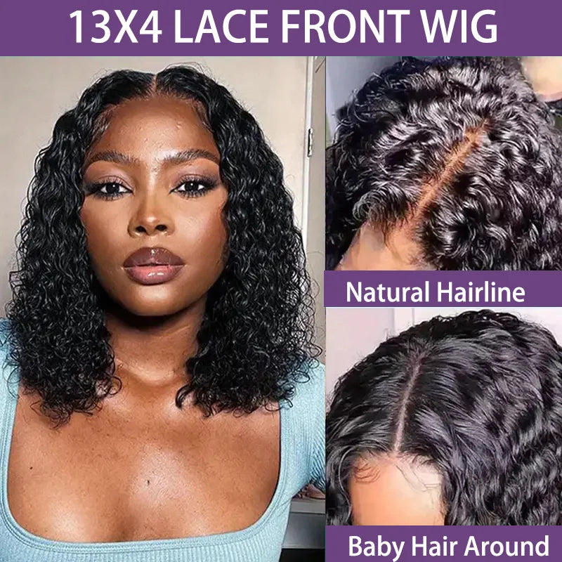 Curly Short Bob 200% 13X4 Lace Frontal Human Hair Wigs Deep Water Wave