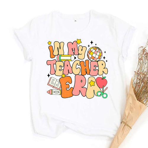 Casual Girls Tees Top in My Teacher Era&pencil Pattern Print T-shirt