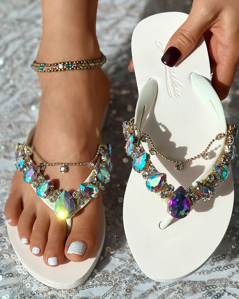 Summer Shoes Fashion Casual Slipper Beach Wear Elegant Gem Stone Chain