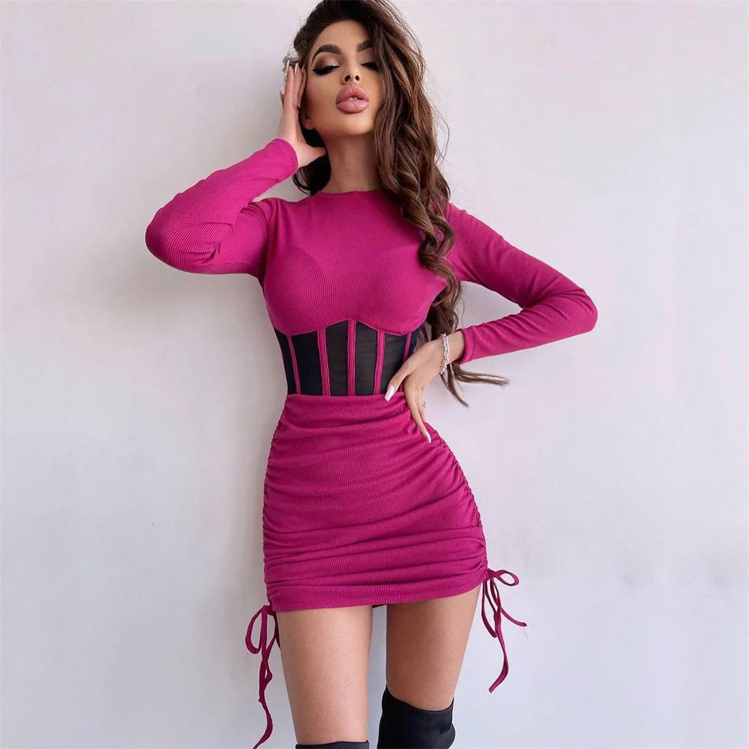 Shirring Mesh Hollow Out Bodycon Dress Women O Neck Long Sleeve Mini