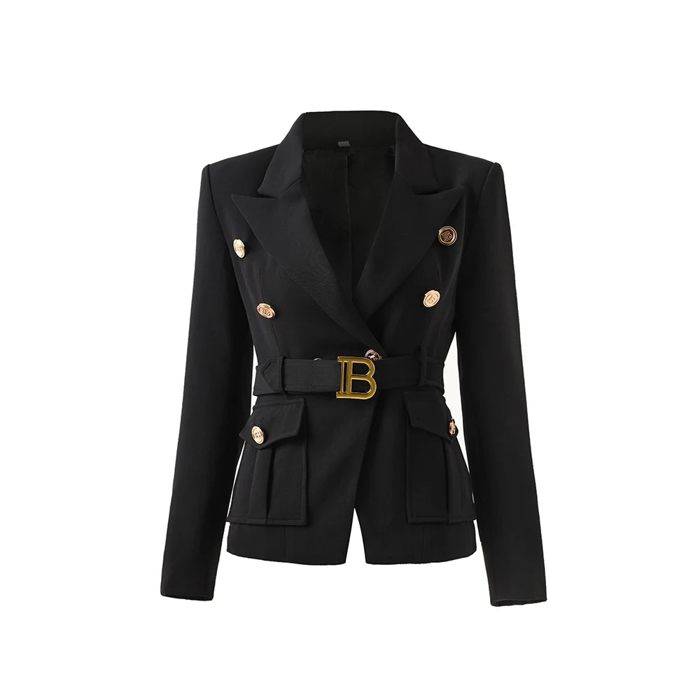 Women Pocket Blazer With Belt Notched Fashion Top Quality Elegant