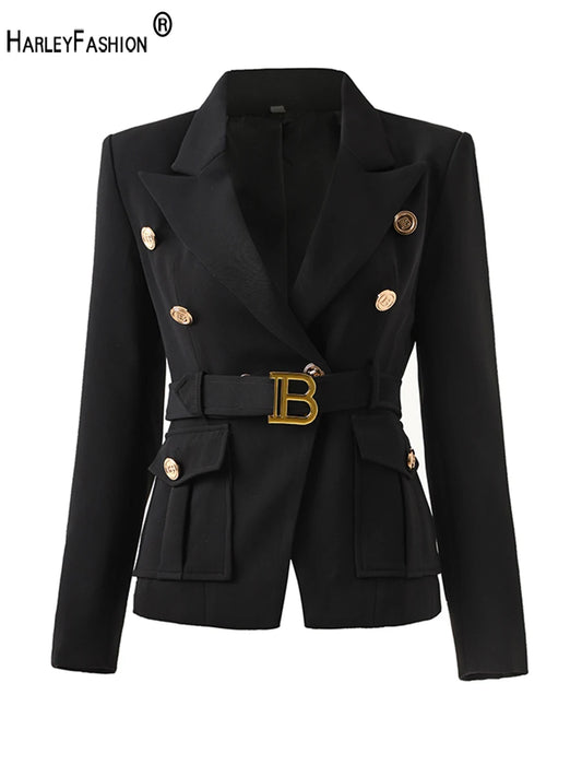 Women Pocket Blazer With Belt Notched Fashion Top Quality Elegant