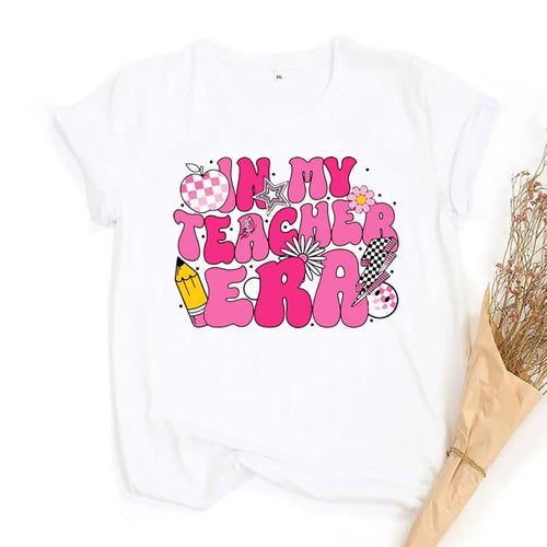 Casual Girls Tees Top in My Teacher Era&pencil Pattern Print T-shirt