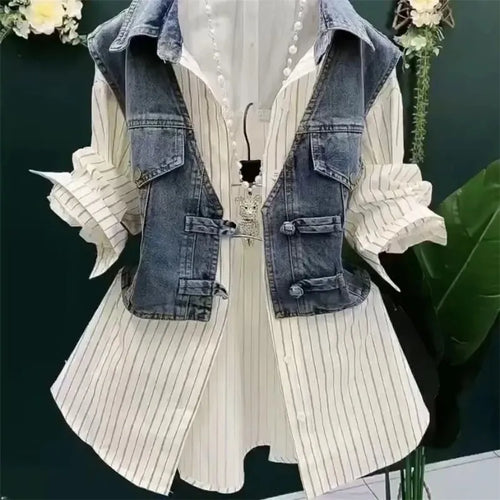 Fashion Design Sense Striped Denim Jackets Shirt Women's Spring Summer