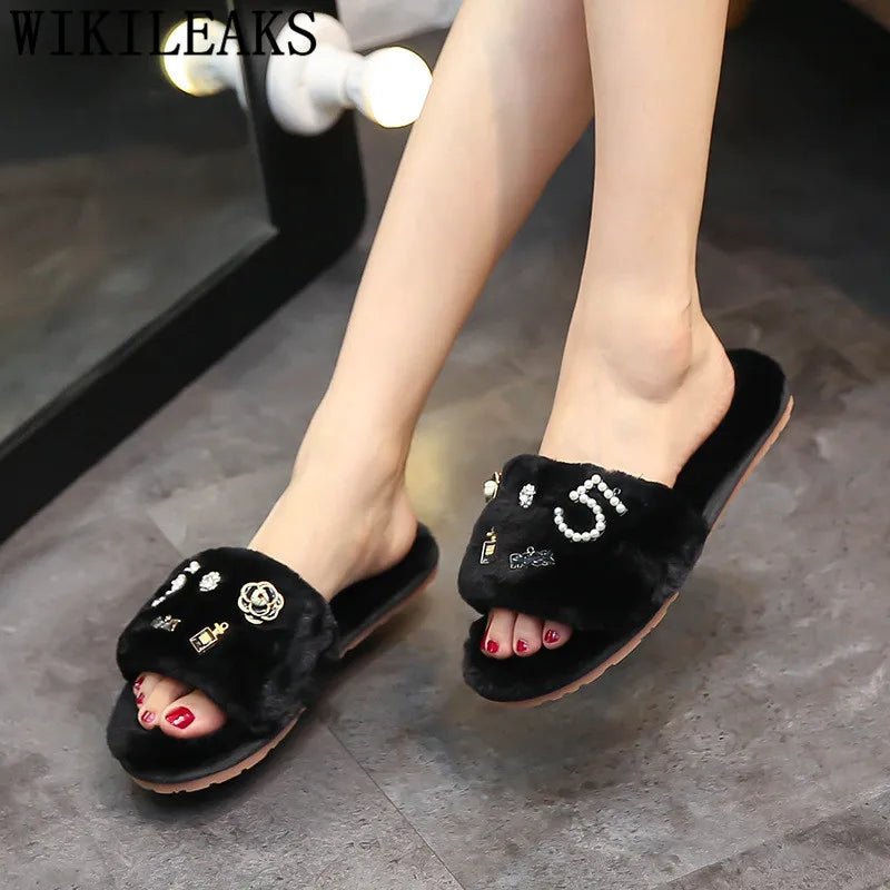 2024 Fur Slippers Women Fur Sandals Perfume Decoration Ladies Shoes