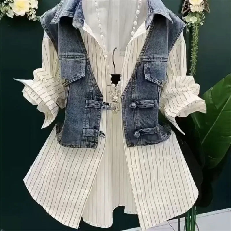 Fashion Design Sense Striped Denim Jackets Shirt Women's Spring Summer