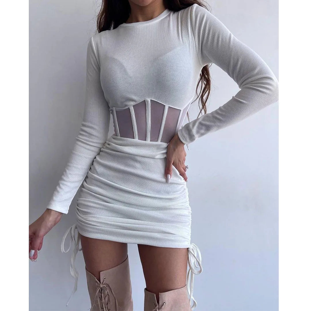 Shirring Mesh Hollow Out Bodycon Dress Women O Neck Long Sleeve Mini