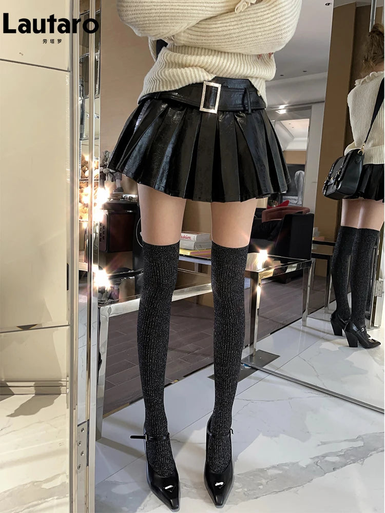 Lautaro Spring Summer Black Shiny Patent Pu Leather Mini Pleated Skirt