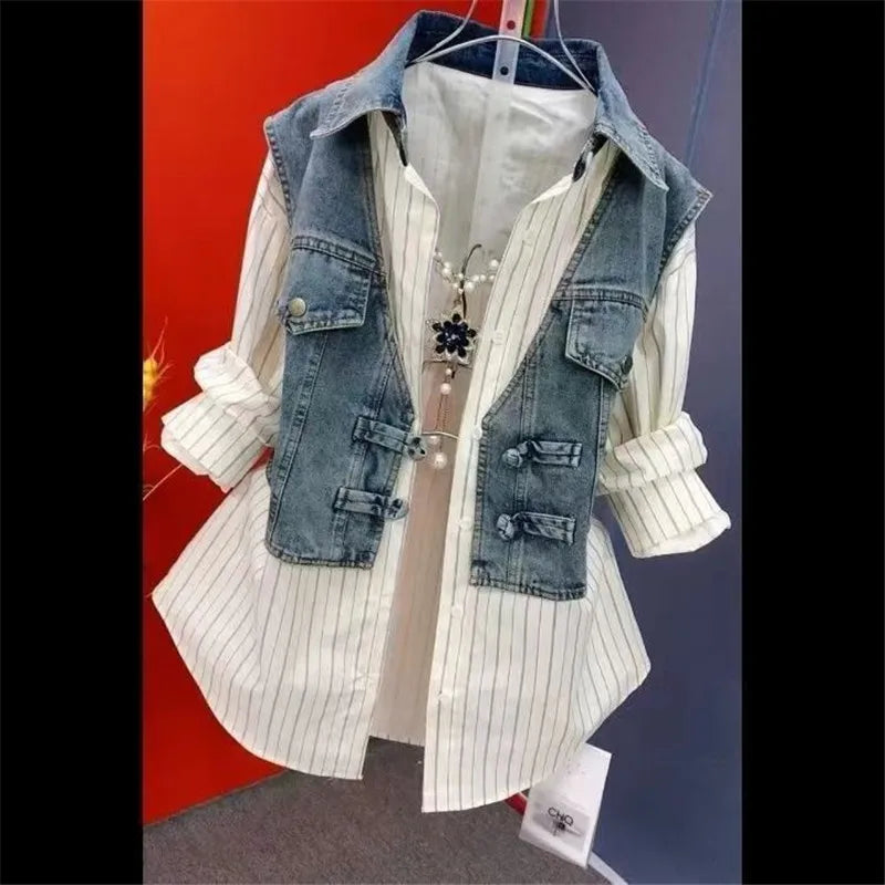 Fashion Design Sense Striped Denim Jackets Shirt Women's Spring Summer