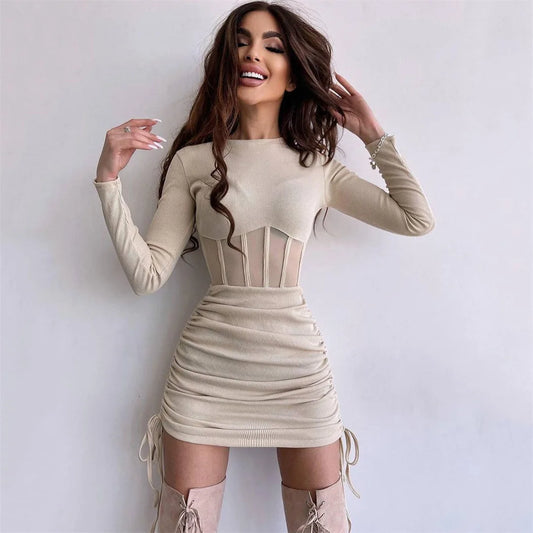 Shirring Mesh Hollow Out Bodycon Dress Women O Neck Long Sleeve Mini