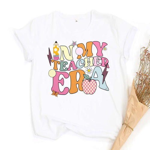 Casual Girls Tees Top in My Teacher Era&pencil Pattern Print T-shirt