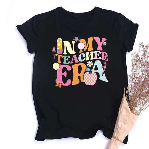 Casual Girls Tees Top in My Teacher Era&pencil Pattern Print T-shirt