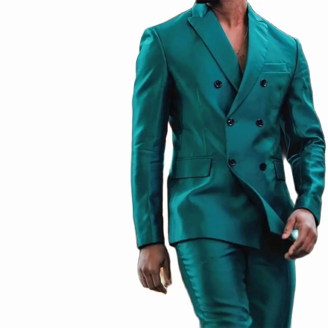 Latest Design Shiny  Jacket Pants Double Breasted Peak Lapel Men Suits