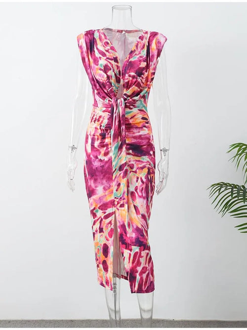 Elegant Women Colorful Tie Dye Printed Maxi Dress Chic Deep V Neck