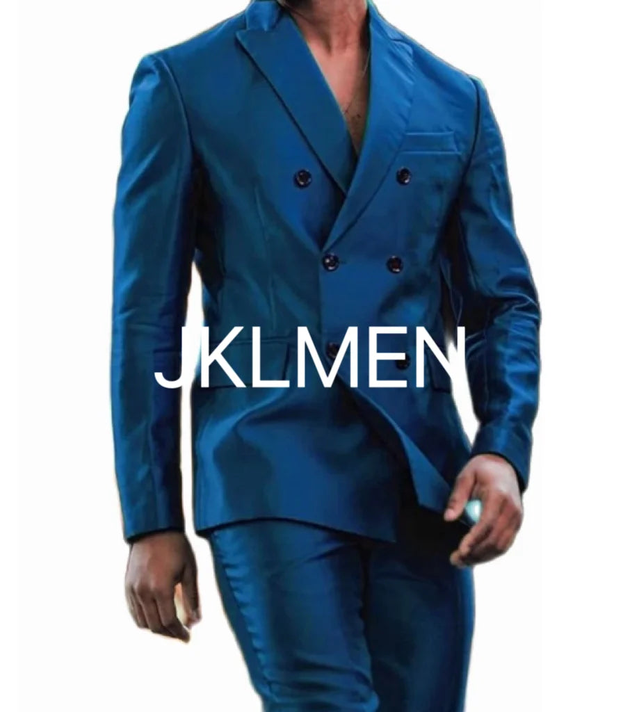 Latest Design Shiny  Jacket Pants Double Breasted Peak Lapel Men Suits