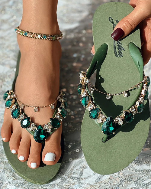 Summer Shoes Fashion Casual Slipper Beach Wear Elegant Gem Stone Chain