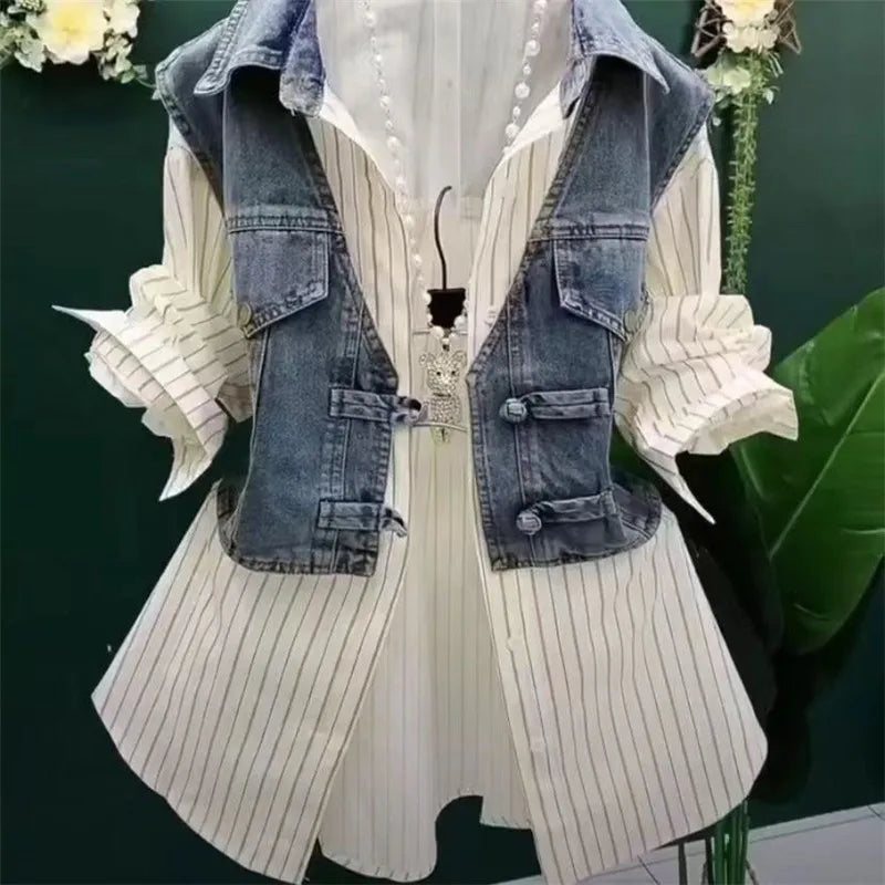 Fashion Design Sense Striped Denim Jackets Shirt Women's Spring Summer