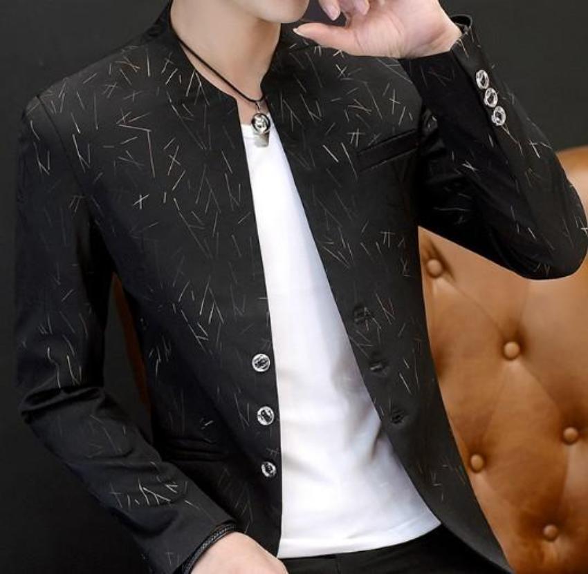 Mens Slim Round Stand Collar Pattern Blazer